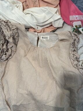 Beige Stripe Ruffle Sleeve Womens Top